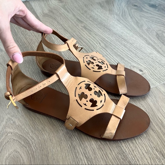 Tory Burch Zoey Sandals Thongs Tan Leather Logo Ankle Strap Shoes - Picture 3 of 4